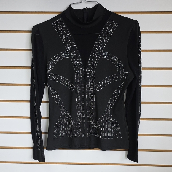 Tops - Semi Sheer Bedazzled Mock Neck Long Sleeve Top
